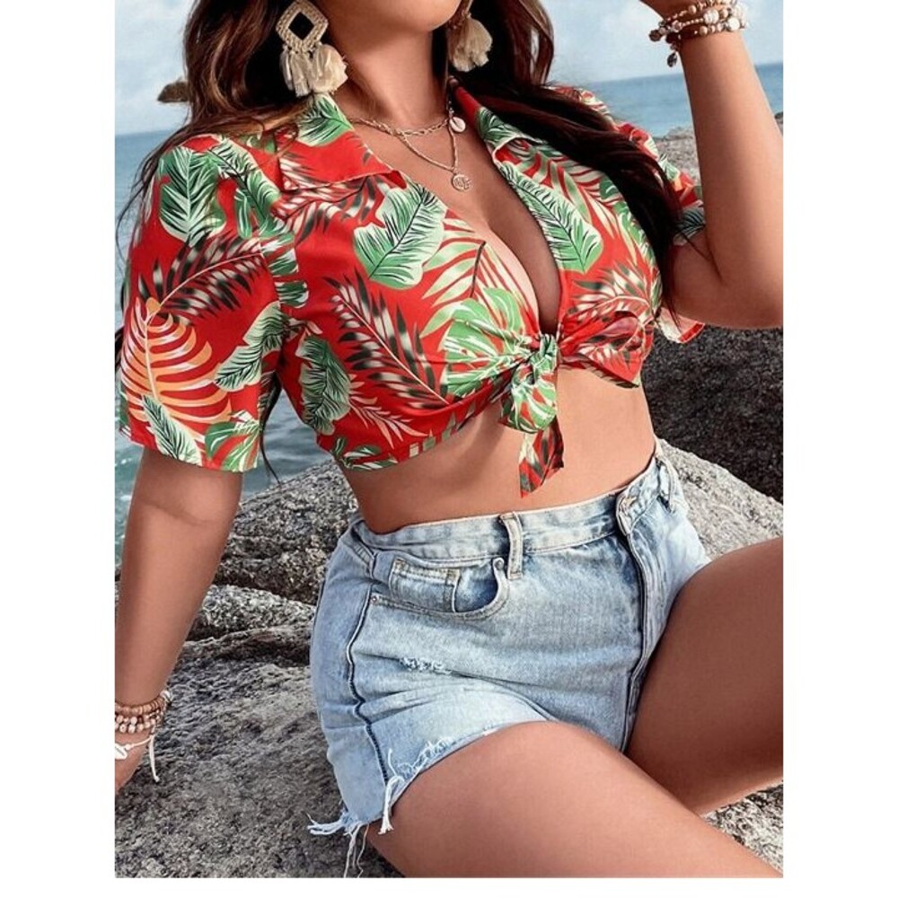 SHEIN Curve Womens Tropical Print Knot Front Crop Blouse 2X Beachy Summer NWOT